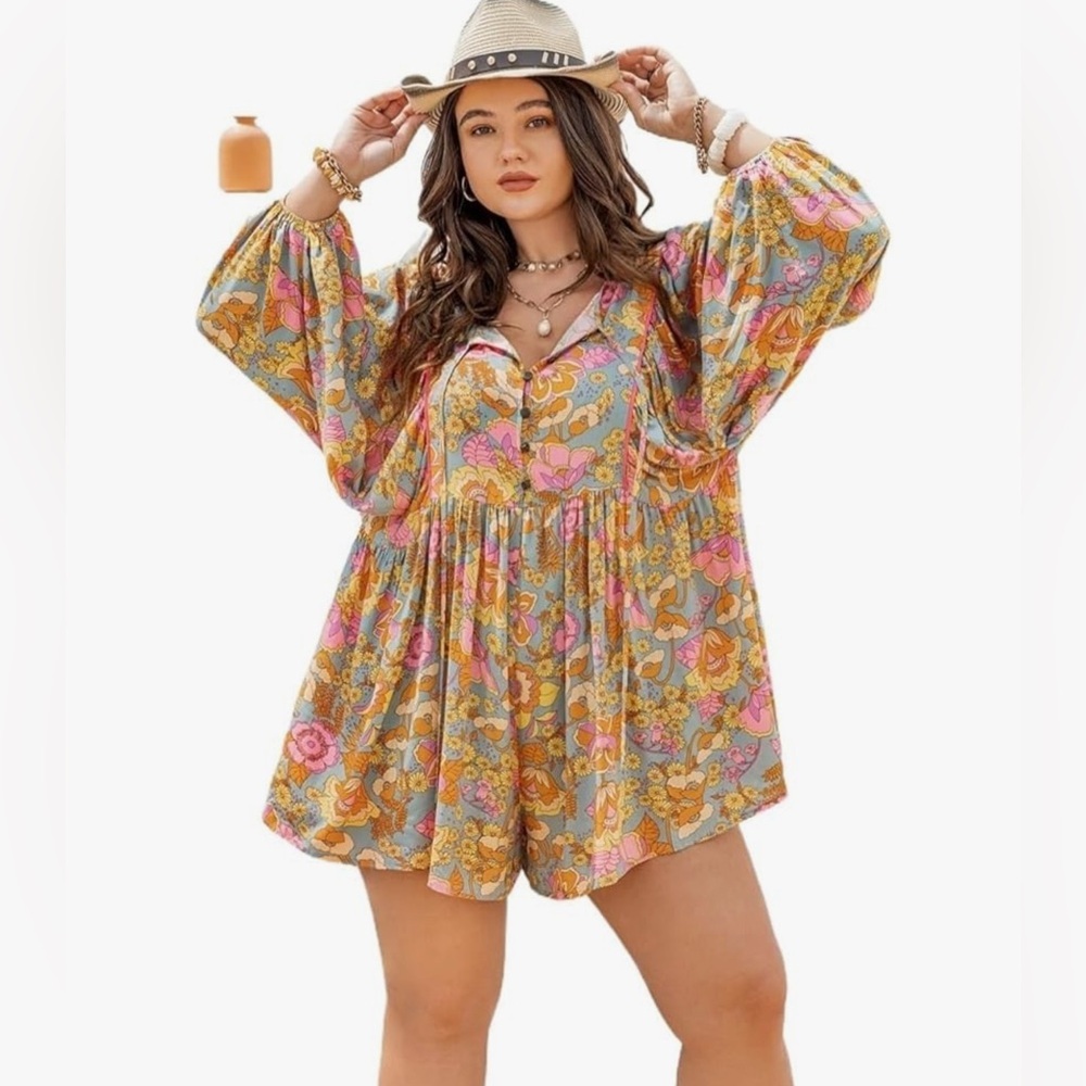 Women's Short Pant Rompers Plus Floral Print Lantern Sleeve Romper 2 XL NWOT